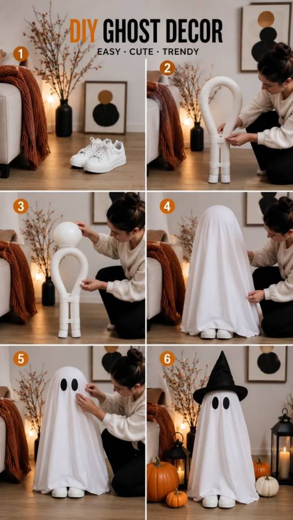 Imagen que muestra un tutorial de decoración de fantasmas de bricolaje, dividido en seis pasos, con una persona que arma una figura de fantasma utilizando tuberías de plástico y una sábana blanca, en un ambiente acogedor con calabazas y decoraciones otoñales.