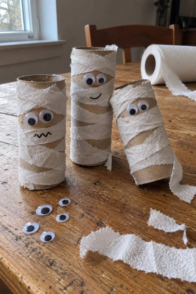 Tres figuras de momias hechas con rollos de papel higiénico, decoradas con cinta blanca y ojos movibles, están sobre una mesa de madera. Hay ojos movibles adicionales y tiras de papel al costado.