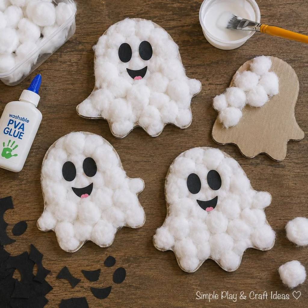 Varios fantasmas de algodón con caras sonrientes sobre una mesa de madera, junto a pegamento PVA y piezas de papel negro.