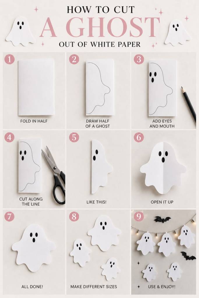 Instrucciones paso a paso para recortar un fantasma de papel blanco, mostrando el proceso desde doblar la hoja hasta decorar los fantasmas terminados.