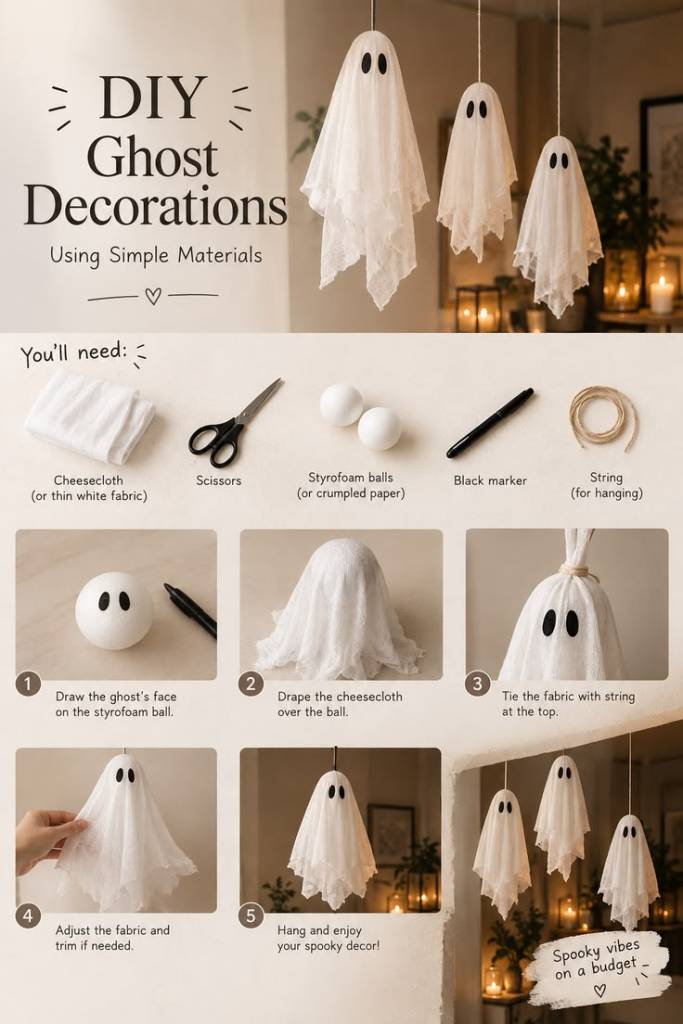 Imagen que muestra un tutorial DIY para crear decoraciones de fantasmas utilizando materiales simples como gasa, pelotas de poliestireno y un marcador. Se incluyen pasos numerados del 1 al 5 que describen el proceso de creación.